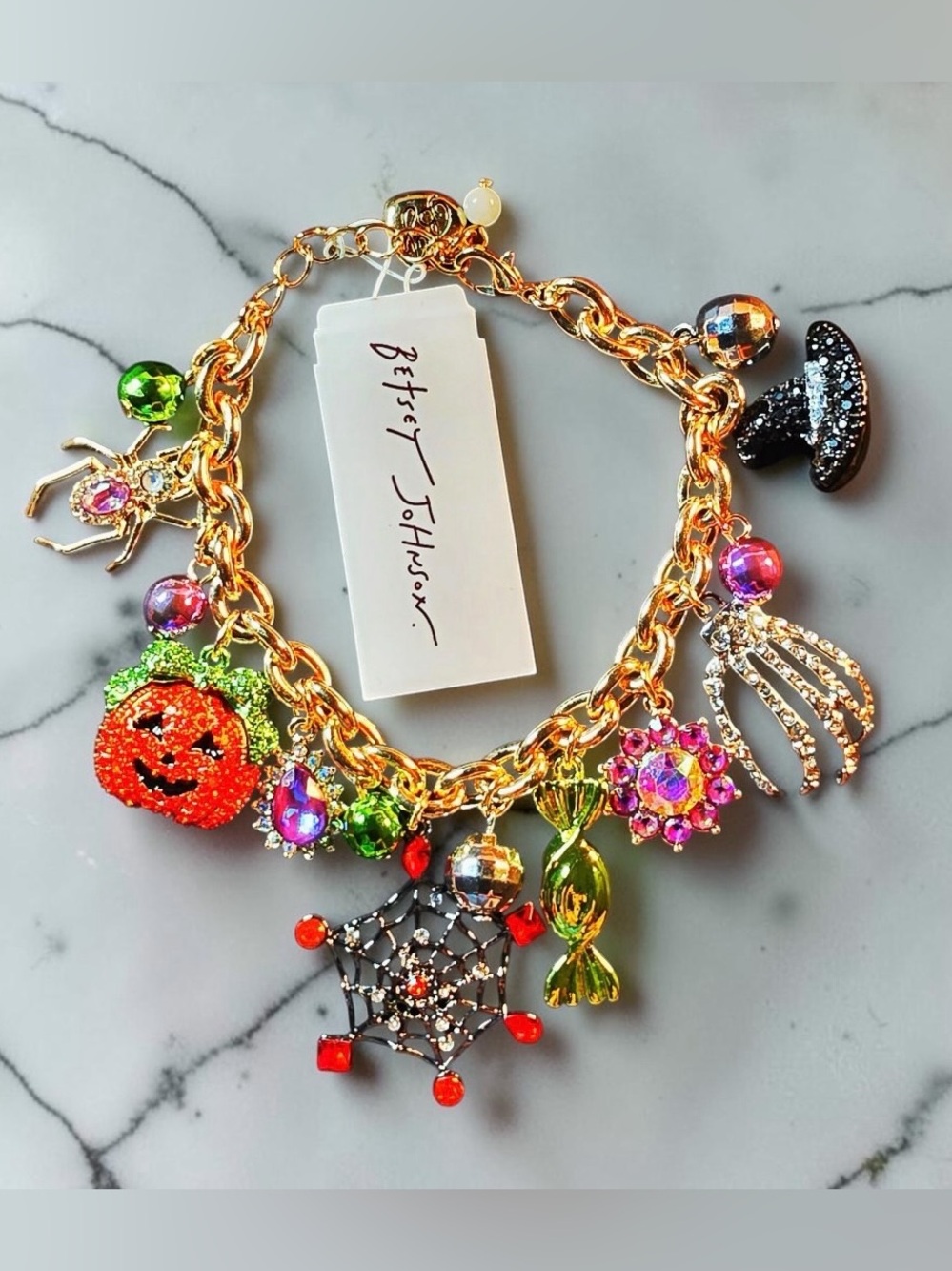 BETSEY JOHNSON Halloween Spider Pumpkin Web Candy Hand Hat Charm Bracelet NWT
